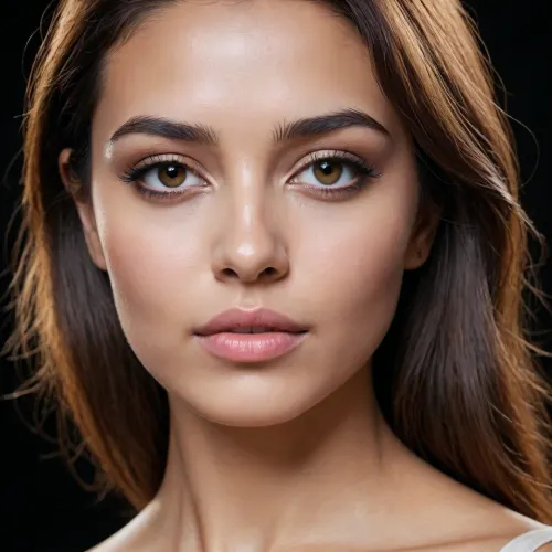Portrait of an Indian woman, make her face with below proportions, Overall face shape, Broad, softly rounded oval with fuller cheeks and a slightly narrower lower face. The jaw is smooth rather than sharply angular.
Forehead, Relatively tall and broad, with a gently rounded hairline. The forehead slopes subtly backward toward the hairline.
Cheekbones, Moderately prominent but softly defined. The mid-face has noticeable fullness, especially toward the sides of the cheeks.
Eyes, Almond-to-rounded eye openings, set fairly wide apart. The upper eyelids have a noticeable natural fold. The outer corners sit approximately level with, or very slightly higher than, the inner corners.
Brows, Naturally thick, relatively straight eyebrows with a gentle arch toward the outer portions.
Nose, Medium-width nose with a fairly straight bridge, becoming broader toward the lower third. The tip is rounded and softly projected, nostrils are moderately wide.
Mouth, Full lips, with the lower lip noticeably fuller than the upper. The mouth is fairly wide, with gently curved corners and a defined but soft Cupid's bow.
Chin, Rounded and moderately broad, blending smoothly into the jaw rather than projecting sharply.
Jaw, Soft, full contour running from the cheeks into a rounded chin, little emphasis on sharp jaw angles.
Face proportions, The central facial features occupy a relatively large portion of the face, with a substantial forehead and cheek area.
Hair framing, Dense, dark, naturally wavy/curly hair surrounding the upper and side portions of the face.