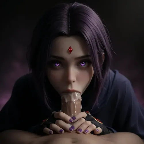 1girl, Raven, Titans, 32, big eyes, glowing eyes, glowing diamond gem on forehead, purple hair, pale skin, purple cloak, sucking viewer pov, (deepthroat deep), (face against crotch), cum flowing on penis, (facialized, excessive cum on face), hands on crotch, fingerless gloves, purple nail polish, entirely glowing purple background, closeup, raven, <lora:Raven_XL:.8>, <lora:dark:.8>, <lora:add-detail-xl:.8>
