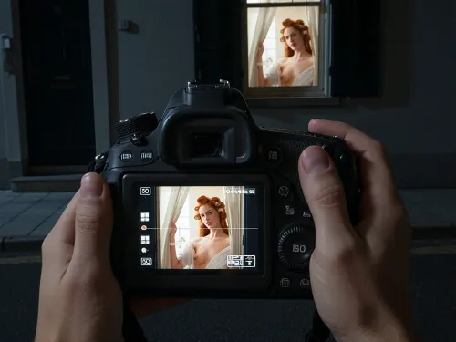 In absolute pitch-black night, an ultra underexposed photorealistic macro shot of two hands holding a DSLR camera outdoors in a very dark street, surrounded in deep shadow almost completely swallowed by darkness, with only faint suggestions of the street, the shadowed facade and, far in the background, the actual window being photographed, barely visible and naturally soft in the real scene, the camera body itself difficult to make out in the blackness, while the rear LCD display is the only properly exposed and clearly visible element in the image, glowing bright and almost filling the frame, showing crisp photographic interface details such as shutter speed, aperture, ISO, focus points and exposure indicators, and on that display a highly detailed scene of a redhead woman indoors behind a window, closing the curtain, naked, with long redhead hair and curlers, subtle reflections on the glass, a visible window cross, realistic depth through the pane, and ultra detailed rendering of her face with exquisite facial features, highly defined eyes, nose and mouth, rich skin texture, detailed fabric texture, high contrast, high saturation, and exceptional depth of detail, while in the distant real-world background the exact same window is visible on the dark house, containing the exact same woman with the same face, same appearance, same bathrobe, same blonde hair with curlers and the same action of closing the curtain, but there naturally much softer and less distinct, so that the scene on the display precisely matches the real window being photographed, cinematic realism, extreme low-key lighting, deep blacks, very high contrast, the display carrying almost all visual attention, everything outside the display remaining heavily underlit and submerged in darkness