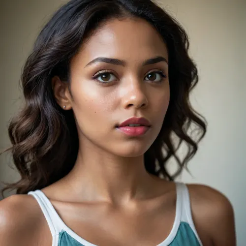 Intimate low-angle close-up portrait of a young Black woman, cropped from forehead to upper chest, off-center composition with face filling the right half of the frame. Moody cinematic lighting, soft, warm key from above-right with cool teal shadows, subtle rim light to define voluminous wavy hair, gentle fill to reveal skin texture and catchlights in the eyes. Neutral cream wall background with a tiny red indicator light on the left for visual interest. Natural, subtle makeup emphasizing deep expressive eyes and glossy lips. Navy shirt with white trim visible at the collar. Painterly photorealism with fine skin pores, individual hair strands, soft film grain, shallow depth of field, soft vignette, high-resolution detail, warm highlights and cool shadow grading, introspective, enigmatic mood, elegant and timeless.