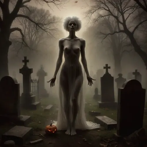 score_9, 1 ghastly female, about 33, very thin, is naked, ghost white skin, in a very foggy 1200's church graveyard, camera view is set far back, 32k image, floating in air, has no legs, ghostly form with no legs, perfect hands with long claw nails, no legs, no feet, ghostly form, floating, very skinny ghastly shape, completely naked, no hair, white ghostly afro hair, blood dripping from claws, evil demonic red eyes with a hollow empty feel, 34C cup breasts, medium size breasts, ghostly white boobs and nipples, everything about the ghost is ghastly and greyish white, raining heavy, old england graveyard, many ancient, tombstones, skeletal hands popping out of a few spots in background, scary environment, very spooky feel, cemetery, graves, pumpking, bats, <lora:Halloween Series_ Spooky Cemetery_epoch_5:.8>, 33r13, c3m3t3ry, <lora:33r13_c3m3t3ry:.8>, ghost, person, <lora:ghosts person 1a:.8>, ais-ghostly, <lora:Ghostly_Style_SDXL:.8>, <lora:Spectral_Photography-000002:.8>