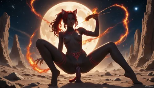 Sexy black female catgirl, space, solo catgirl, The catgirl has green eyes, war paint, flame, fire, (((the catgirl has Deep Black skin with Red stripes.))), (The catgirl has long different hair colors on the left and right sides.), catgirl Has long curly hair with ponytail, nude, with a wide open pussy, The catgirl fucks a dildo, (((The catgirl has many large bright white tattoos.))), full body view, The catgirl cum and squirting from her pussy, uncensored, catgirl, NEGATIVE_HANDS, 4ng3l, face, <lora:catgirl:1>, <lora:HV_orientation_Rainbow_Lips:.8>