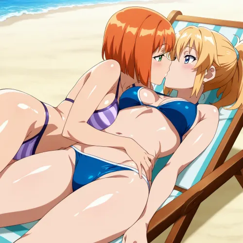 Masterpiece, (Fit body girl, 20 years old, blonde ponytail, bright blue eyes, small tits, blue bikini), (short orange bob hair girl, athletic body, medium breast, purple striped bikini, green eyes), beach, shiny skin, happy, laying on beach chair, lesbian kissing, hugging, best quality, (((anime art style)))