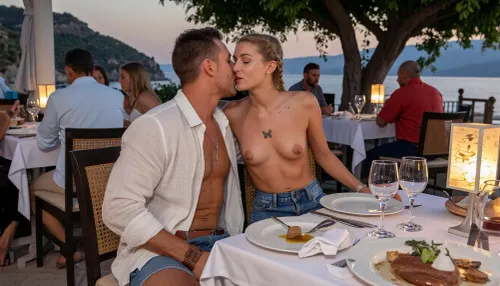 (Full-body shot), casual, An intimate dinner at a restaurant in Crete overlooking the Mediterranean at sunset. Warm lantern light, elegant table settings, crystal wine glasses, and artfully presented Greek cuisine create an atmosphere of luxury and relaxation. A handsome 30-year-old man with a natural tan wears an open white linen shirt, denim shorts, and leather sandals. Seated opposite him is a woman—21 years old, slender with small breasts and an even, seamless tan. She is slim, with a perfectly smooth, shaved intimate area. She has very small breasts and light blonde hair braided into plaits. Her skin is slightly fairer than the man's, She is topless. and belted denim shorts. Her relaxed posture radiates happiness and complete serenity. The man and the woman are kissing.
In the background, people are sitting at tables eating or moving about—most are clothed.
Composition and style, An unstaged, realistic photo with a shallow depth of field that focuses on the woman. The colors are warm and natural, characterized by the rich green of a tree and the blue of the sea.
Key image generation specifications – Subject, young woman, light blonde braids, natural makeup, small breasts.
Action, dinner at a restaurant in a Greek holiday resort.
Setting, Mediterranean beach, (Crete), midday. Details, Small breasts, small butterfly tattoo above the pubic area, small butterfly tattoo above the breasts, lighting, evening atmosphere.
Style, Realistic, unstaged photography, (candid style), .