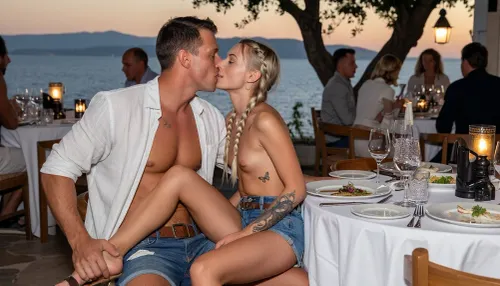 (Full-body shot), casual, An intimate dinner at a restaurant in Crete overlooking the Mediterranean at sunset. Warm lantern light, elegant table settings, crystal wine glasses, and artfully presented Greek cuisine create an atmosphere of luxury and relaxation. A handsome 30-year-old man with a natural tan wears an open white linen shirt, denim shorts, and leather sandals. Seated opposite him is a woman—21 years old, slender with small breasts and an even, seamless tan. She is slim, with a perfectly smooth, shaved intimate area. She has very small breasts and light blonde hair braided into plaits. She has light brown skin, small tattoos are visible on her torso, a small butterfly on her inner thigh, another above her pubic area, and one above her breast. She also has a large tattoo on her left upper arm and another on her left forearm. Her skin is slightly fairer than the man's, She is topless. and belted denim shorts. Her relaxed posture radiates happiness and complete serenity. The man and the woman are kissing.
In the background, people are sitting at tables eating or moving about—most are clothed.
Composition and style, An unstaged, realistic photo with a shallow depth of field that focuses on the woman. The colors are warm and natural, characterized by the rich green of a tree and the blue of the sea.
Key image generation specifications – Subject, young woman, light blonde braids, natural makeup, small breasts.
Action, dinner at a restaurant in a Greek holiday resort.
Setting, Mediterranean beach, (Crete), midday. Details, Small breasts, small butterfly tattoo above the pubic area, small butterfly tattoo above the breasts, lighting, evening atmosphere.
Style, Realistic, unstaged photography, (candid style), .