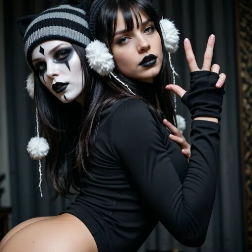 A photorealistic masterpiece, portrait shot visible from the waist up, captured from a dynamic side-profile angle, 45-degree over-the-shoulder view. A stunningly beautiful young Caucasian woman in her early 20s. She is posing with intense athletic body tension, leaning her upper body sharply forward while twisting her torso dynamically to look back over her shoulder at the camera., (Her left arm is tucked completely away behind her back, hidden from view, locked behind her spine:1.4), . Her right hand is held close to her upper chest, (holding up exactly two fingers in a sharp V-shape victory peace sign, with her thumb and other fingers tightly curled into a closed fist:1.3), wearing a black fingerless glove. Highly detailed black and white clown makeup with a smooth white facepaint base, sharp black vertical diamond shapes over her eyes, bold black lipstick, and a tiny round red clown nose. Long straight raven-black hair with bangs, a striped black-and-grey knit beanie hat with cat-ears and, (two large prominent furry black-and-white pom-poms hanging down on cords next to her cheeks:1.4), . Voluptuous hourglass body, wearing a fully intact, high-neck long-sleeved thick solid black compression workout shirt. Dark moody curtain background, 8k, sharp focus.