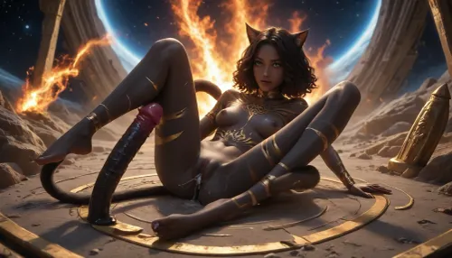 Sexy black female catgirl, space, solo catgirl, The catgirl has green eyes, war paint, flame, fire, (((the catgirl has Deep Black skin with Gold stripes.))), (The catgirl has long different hair colors on the left and right sides.), catgirl Has long curly hair, nude, with a wide open pussy, The catgirl fucks a dildo, (((The catgirl has many large bright white tattoos.))), full body view, The catgirl cum and squirting from her pussy, uncensored, catgirl, NEGATIVE_HANDS, 4ng3l, face, <lora:catgirl:1>, <lora:HV_orientation_Rainbow_Lips:.8>