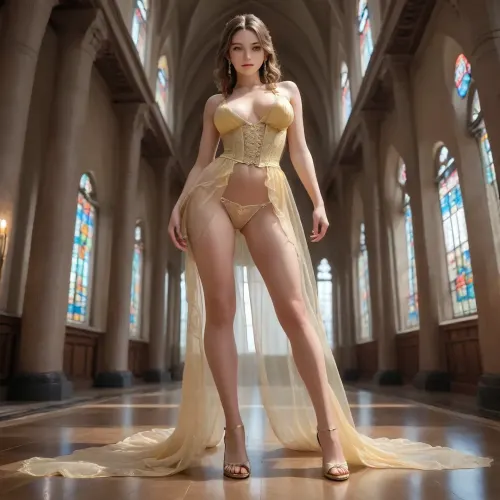 masterpiece, best quality, ultra-detailed, highly detailed digital illustration, sharp focus, intricate details, glossy skin with soft sheen, delicate fabric texture, soft volumetric cinematic lighting, warm golden light rays, high dynamic range, front three-quarter view from a slightly low angle, medium full-body composition focusing on the elegant standing figure, balanced and glamorous perspective, beautiful young woman as Belle, long wavy light brown hair styled in a soft half-updo with loose curls cascading over one shoulder, fair porcelain skin with healthy glow, large expressive brown eyes looking softly at the viewer, full lips with red lipstick, delicate facial features, elegant dangling earrings, wearing an extremely revealing pornographic version of a yellow ballgown, the dress is made of ultra-thin, completely transparent, skin-tight sheer yellow fabric that clings tightly to every curve of the body like a second skin, deep plunging neckline fully exposing underboobs, the fabric so sheer that pink nipples and areolas are clearly visible through it, tight corset-style bodice with delicate gold embroidery and lace details that do not hide the body, the skirt is a micro-length sheer yellow layer that barely covers anything, fully revealing the bare pussy and labia, small pieces of yellow lingerie, (tiny transparent panties pulled aside or non-existent), integrated into the design, the fabric is hauchdünn and wet-looking in places, emphasizing the nude body underneath, standing pose in a grand hall, body slightly leaning forward, both hands gently holding and lifting the sheer sides of the microscopic skirt, weight shifted elegantly on one leg, confident and seductive posture, luxurious palace interior with tall stone columns, arched windows with colorful stained glass, warm sunlight streaming through creating dramatic god rays and soft shadows, polished floor, elegant and romantic atmosphere, highly detailed anatomy, realistic body proportions with large full breasts and soft feminine curves, accurate joint placement, natural skin texture, micro-details on the transparent fabric, gold embroidery, lace and light reflections, depth of field with sharp subject and softly blurred background architecture, professional digital art quality, semi-realistic fantasy illustration style