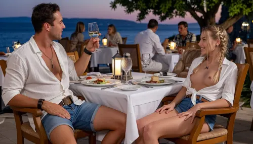 (Full-body shot), casual, An intimate dinner at a restaurant in Crete overlooking the Mediterranean at sunset. Warm lantern light, elegant table settings, crystal wine glasses, and artfully presented Greek cuisine create an atmosphere of luxury and relaxation. A handsome 30-year-old man with a natural tan wears an open white linen shirt, denim shorts, and leather sandals. With a warm smile, he raises his wine glass, enjoying the beautiful evening. Seated opposite him is a woman—21 years old, slender with small breasts and an even, seamless tan. She is slim, with a perfectly smooth, shaved intimate area. She has very small breasts and light blonde hair braided into plaits. Her skin is slightly fairer than the man's, She smiles happily and leans back in her chair, She is wearing a closed white blouse and belted denim shorts. Her relaxed posture radiates happiness and complete serenity.
In the background, people are sitting at tables eating or moving about—most are clothed.
Composition and style, An unstaged, realistic photo with a shallow depth of field that focuses on the woman. The colors are warm and natural, characterized by the rich green of a tree and the blue of the sea.
Key image generation specifications – Subject, young woman, light blonde braids, natural makeup, small breasts.
Action, dinner at a restaurant in a Greek holiday resort.
Setting, Mediterranean beach, (Crete), midday. Details, Small breasts, small butterfly tattoo above the breasts, lighting, evening atmosphere.
Style, Realistic, unstaged photography, (candid style), .