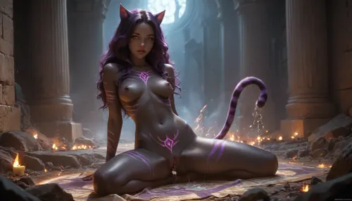Sexy black female catgirl, heaven, solo catgirl, The catgirl has glowing Purple eyes, glowing war paint, flame, fire, (((the catgirl has Deep Black skin with Purple stripes.))), (The catgirl has long different hair colors on the left and right sides.), catgirl Has long curly hair, nude, with a wide open pussy, The catgirl fucks a dildo, (The catgirl has many large bright white tattoos.), full body view, The catgirl cum and squirting from her pussy, uncensored, catgirl, <lora:catgirl:1>, <lora:HV_orientation_Rainbow_Lips:.8>