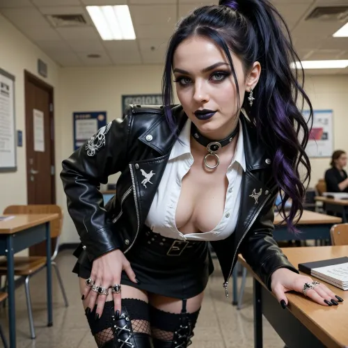 Gothic Beauty
She walks the school halls like a shadow with purpose, elegant, intense, and utterly magnetic. At 25, she’s in the final year of college, and her presence is impossible to ignore. Her beauty is unconventional yet striking, pale, luminous skin like porcelain, high cheekbones and a defined jawline, and full, dark lips often curled into a quiet, knowing smile.

Her eyes are her most haunting feature, deep-set icy blue, framed by thick black lashes and dark eyeliner that gives her a perpetual look of mystery and thoughtfulness. When she glances your way, it feels like she sees straight through to your secrets.

Her jet-black hair cascades in loose waves, with streaks of violet, styled in a way that looks effortless but deliberate, a messy ponytail with a few strands framing her face.

Her uniform is barely regulation. She’s made it her own with subtle rebellion. The skirt is tiniest mini microskirt, and she wears it with black fishnet stockings and lace-up high boots that click dramatically with every step. Her deep cleavage white blouse is partially hidden under a leather jacket, adorned with discreet enamel pins, tiny skulls, ravens, and vintage occult symbols.

Her jewelry is silver and gothic, rings with ornate black stones, a provocative leather collar with a silver ring hanging from the front, and mismatched earrings that gleam with subtle edge. Her long manicured nails are always painted black, matching her lipstick and the notebook she carries like a diary.

She’s beautiful, but not just in looks. It’s the way she carries herself, the way she blends confidence with melancholy, strength with sensitivity. She’s the kind of girl you remember long after she’s gone.

In the classroom, (posing at the edge of the teachers desk), exposing a upskirt view of her smoothly shaven pussy.

realistic detailed face, realistic detailed hair, realistic detailed body, realistic detailed skin, realistic detailed breasts, realistic detailed pussy, seductive pose