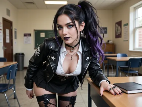 Gothic Beauty
She walks the school halls like a shadow with purpose, elegant, intense, and utterly magnetic. At 25, she’s in the final year of college, and her presence is impossible to ignore. Her beauty is unconventional yet striking, pale, luminous skin like porcelain, high cheekbones and a defined jawline, and full, dark lips often curled into a quiet, knowing smile.

Her eyes are her most haunting feature, deep-set icy blue, framed by thick black lashes and dark eyeliner that gives her a perpetual look of mystery and thoughtfulness. When she glances your way, it feels like she sees straight through to your secrets.

Her jet-black hair cascades in loose waves, with streaks of violet, styled in a way that looks effortless but deliberate, a messy ponytail with a few strands framing her face.

Her uniform is barely regulation. She’s made it her own with subtle rebellion. The skirt is very short, and she wears it with black fishnet stockings and lace-up high boots that click dramatically with every step. Her deep cleavage white blouse is partially hidden under a leather jacket, adorned with discreet enamel pins, tiny skulls, ravens, or vintage occult symbols.

Her jewelry is silver and gothic, rings with ornate black stones, a delicate choker with a crescent moon charm, and mismatched earrings that gleam with subtle edge. Her nails are always painted black, matching her lipstick or the notebook she carries like a diary.

She’s beautiful, but not just in looks. It’s the way she carries herself, the way she blends confidence with melancholy, strength with sensitivity. She’s the kind of girl you remember long after she’s gone.

In the classroom, (posing at the edge of the teachers desk), exposing a upskirt view of her smoothly shaven pussy.

realistic detailed face, realistic detailed hair, realistic detailed body, realistic detailed skin, realistic detailed breasts, realistic detailed pussy, seductive pose