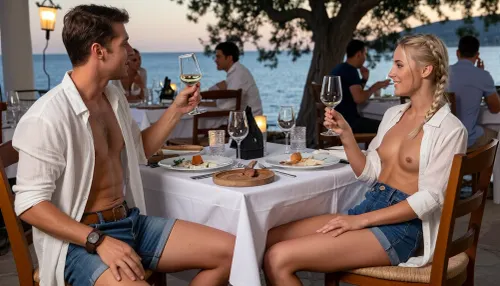(Full-body shot), casual, An intimate dinner at a restaurant in Crete overlooking the Mediterranean at sunset. Warm lantern light, elegant table settings, crystal wine glasses, and artfully presented Greek cuisine create an atmosphere of luxury and relaxation. A handsome 30-year-old man with a natural tan wears an open white linen shirt, denim shorts, and leather sandals. With a warm smile, he raises his wine glass, enjoying the beautiful evening. Seated opposite him is a woman—21 years old, slender with small breasts and an even, seamless tan. She is slim, with a perfectly smooth, shaved intimate area. She has very small breasts and light blonde hair braided into plaits. Her skin is slightly fairer than the man's, She smiles happily and raises her wine glass too, She is wearing a buttoned-up white blouse and belted denim shorts. Her breasts are not visible. Her relaxed posture radiates happiness and complete serenity.
In the background, people are sitting at tables eating or moving about—most are clothed.
Composition and style, An unstaged, realistic photo with a shallow depth of field that focuses on the woman. The colors are warm and natural, characterized by the rich green of a tree and the blue of the sea.
Key image generation specifications – Subject, young woman, light blonde braids, natural makeup, small breasts.
Action, dinner at a restaurant in a Greek holiday resort.
Setting, Mediterranean beach, (Crete), midday. Details, Her breasts are not visible, lighting, evening atmosphere.
Style, Realistic, unstaged photography, (candid style), .