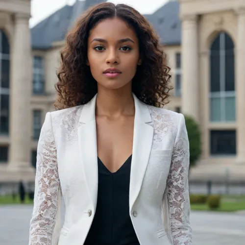 Une femme de 24 ans aimable. Elle travaille beaucoup, elle développe des applications. Elle est de race noire sud-africaine. professional woman wearing a structured solid-fabric blazer black, one button open to reveal a delicate lace black camisole at the chest. Opaque jacket, lace details strictly on the inner top.