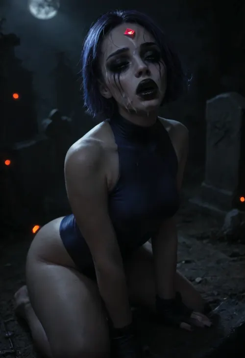 Score_9, score_8_up, score_7_up, 3/4 sideview, high angled, view from above, glowing city lights, dramatic cinematic lighting, moody volumetric god rays, 8K UHD, (mature adult woman), (pale grey skin:1.2), (ruined makeup:1.4), (graveyard setting:1.2), haunted woods, tombstones, kneeling, (leaning forward, arched back), (purple bobcut hair:1.4), (huge lips:1.4), (moaning:1.2), (black lips:1.5), straight hair, (glowing red forehead jewel:1.4), (navyblue velvet leotard:1.3), fingerless gloves ruby inlay, high waisted leotard, Endless_Up_SDXL_Neg, smallbreasts, small waist, (((wide pelvis, broad pelvis, wide hips, huge thighs))), (thicc lower body:1.2), (exaggerated hips:1.4), dark clouds, moon glow, (puckered lips:1.75), (thick sticky cum), drooling cum, (cum facial:1.5), <lora:EnvyAnimeDigitalPaintingXL01:.9>, <lora:mk_Bp Anime_xl:1.1>, <lora:dark:.8>