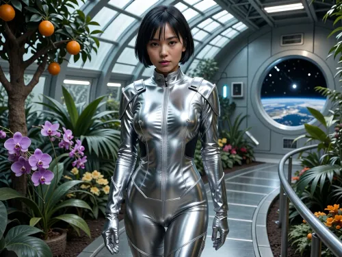 A futuristic greenhouse inside an orbital space station of the future, a young Asian woman with a short haircut and a calm expression walks along a wide, curved, silvery metal walkway. She is wearing a form-fitting, shiny silver jumpsuit with dark blue inserts on the sides and gloves. All around is dense, lush vegetation, to the left, a citrus tree bearing ripe orange oranges, large purple orchids, various flowers, and tropical plants, tall, arched metal structures with glass panels that mimic daylight, and behind her, a large round porthole window offering a view of Earth, the stars, and the blackness of space, cinematic lighting, highly detailed rendering of skin, fabric, leaves, and metal, photorealism, sci-fi