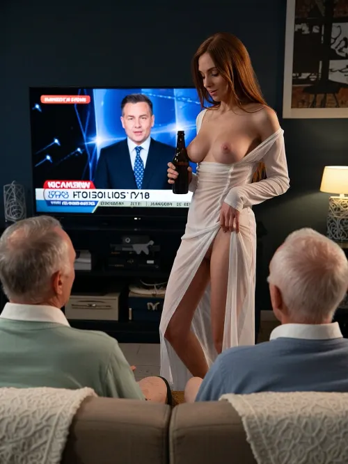 Pov format

Location, Living room, The room is dark.large TV with the news, journalist on tv screen, The light from the TV.

Characters, sexy busty redhead woman, beautifull breasts, (25yo), and two grandpa, (85yo), Clothes, woman, (Long transparent white nightgown), Action, A woman is standing in front of the TV with a bottle of beer in her hand. The grandpa are sitting on the sofa, looking at her.The woman looks at the grandpa and smilling.