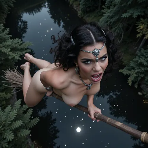 A high-quality, dynamic full-body shot with a cinematic look. A young, naked woman with voluminous, dark, curly hair styled in a 1940s/50s retro fashion. Her face conveys intense emotion—a mix of rage, fear, and despair, her eyes are wide and her gaze is strained, her mouth open in a scream or a fierce snarl revealing her teeth. She wears tribal-style silver jewelry on her head and neck. The image features a dark fantasy aesthetic with a dark-gray color palette and a style reminiscent of H.R. Giger. She is flying rapidly on a broomstick high above a forest and a river, the river below reflects the stars and the moon. The scene is filled with rapid motion and the glint of distant stars, creating an atmosphere of unease and mystery. Aerial shot, (bird's-eye view), DJI Phantom 4 Pro drone camera.