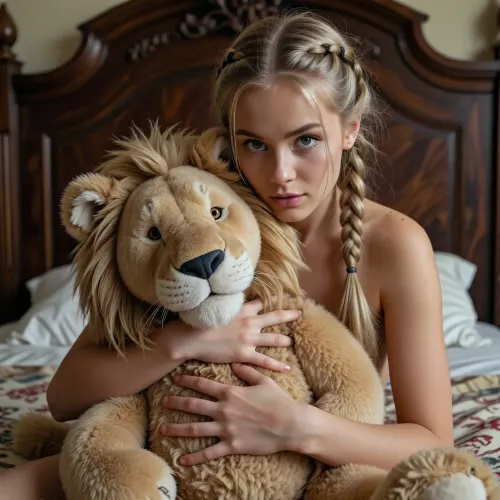 A photograph featuring a beautiful young woman with light hair braided into neat pigtails, sitting on a vintage wooden bed. She is hugging a large, fluffy stuffed lion. Her expressive eyes look directly into the camera. Soft, cinematic lighting, an intimate atmosphere. A masterpiece, high resolution, photorealistic, sharp focus, and detailed skin texture