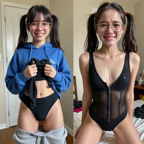 (side-by-side, two full body shot pictures), loli_child, slim, of the exact same petite and extreme skinny east asian, twintails, dark brown hair, long hair, curtain bangs, center part, round wire-frame glasses, big smile, teeth, happy, looking at viewer, blue hoodie, oversized hoodie, left picture she looks shy and laughing happy with is holding clothes, holding black swimsuit, holding transparent black leotard, high leg swimsuit, front view, grey sweatpants, indoor, simple background, white door, beige wall, soft indoor lighting, natural light, medium shot. BREAK, right picture, smiling, closed mouth, transparent black swimsuit, zipper front, front zipper open, high cut leotard, standing, hands on hips, arms down, medium full shot, after ther bukkake party on the second picture her face is completely covered in cum, she is on her knees, an excessive amount of cum is on her face and in her mouth, cum is dripping down on her nude chest, her hair is messy, she is looking disgusted and sad, she looks horrified, she looks distraught, (she looks inconsolable and hysterical), she is crying, her face is completely destroyed. Please make an extreme contrst from first picture to second picture. the girl has to be the same pretty girl on both pictures. Same Background for both pictures, a messy dorm room

masterpiece, best quality, high resolution, photorealistic, photo