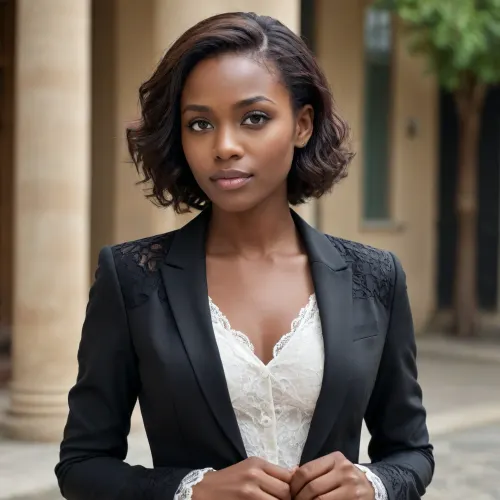Une femme de 24 ans aimable. Elle travaille beaucoup, elle développe des applications. Elle est de race noire camerounaise. professional woman wearing a structured solid-fabric blazer black, open to reveal a delicate lace camisole at the chest. Opaque jacket, lace details strictly on the inner top.