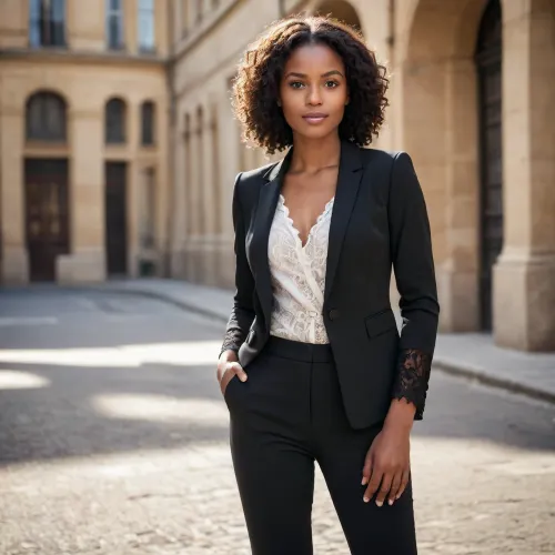 Une femme de 24 ans aimable. Elle travaille beaucoup, elle développe des applications. professional woman wearing a structured solid-fabric blazer black, one button open to reveal a delicate lace black camisole at the chest. Opaque jacket, lace details strictly on the inner top. Elle est de race noire sud-africaine.