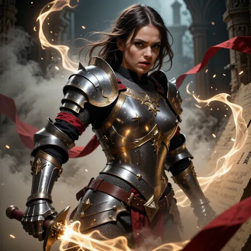 dark-fantasy, close-up, female knight, battle-ready armor, determined stance, natural beauty, dynamic, Gleaming ghostly gold, epically atmospheric fog, on old paper, red ribbons