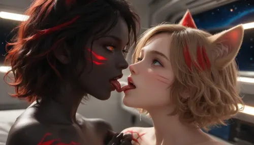 Sexy black female catgirl, space, Two lesbian catgirls are licking each other's pussies., The catgirl has glowing red eyes, glowing war paint, flame, fire, (((the catgirl has Deep Black skin with Red stripes.))), (The catgirl has long different hair colors on the left and right sides.), catgirl Has long curly hair, nude, with a wide open pussy, The catgirl fucks a dildo, (The catgirl has many large bright white tattoos.), full body view, The catgirl cum and squirting from her pussy, uncensored, catgirl, cunnilingus, 2girls, girl, licking, pussy, <lora:catgirl:1>, <lora:HV_orientation_Rainbow_Lips:.5>, <lora:Cunnilingus XL:1>