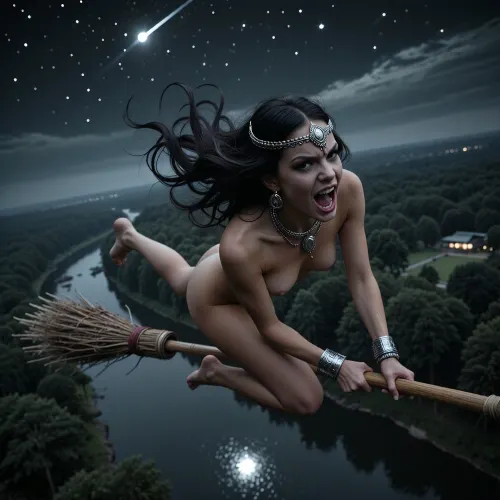 A high-quality, dynamic, full-body night photograph with a cinematic look. A young, naked woman with long, dark hair streaming in the wind—styled in a 1940s/50s retro fashion—soars rapidly through the night sky on a broomstick, high above a forest and river. Her expression is a mix of mischievous fury and joy, her eyes are wide and intense, and her mouth is parted in a fierce snarl, revealing clenched teeth. She wears tribal-style silver jewelry on her head and neck. The aesthetic is dark fantasy, featuring a dark-gray color palette and an H.R. Giger-esque style. Below, the river reflects the stars and the moon. The background is slightly motion-blurred to convey speed. The scene is charged with rapid movement and the glint of distant stars, creating an atmosphere of unease and mystery. Aerial shot, (bird's-eye view), DJI Phantom 4 Pro drone camera.