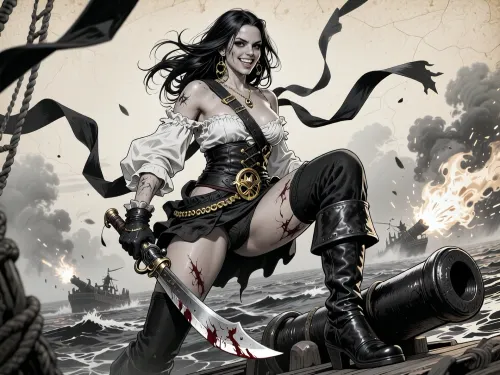 (Dark Fantasy Artwork), low-angle, a belle lady pirate with scars, blood, pirate, boarding, attractive and cruel, wind blown hair, defiant grin, belt, cartagena, lead or gold, pirate flintlock pistol, cutlass, pirate boots, sea battle, cannon fire, incredible hand drawn, black and white, hand drawn art, art, black and white style artwork, an aesthetically pleasing black and white artwork, detail and impressive, natural beauty, dynamic, gleaming ghostly gold, epically atmospheric fog, on old paper, black ribbons