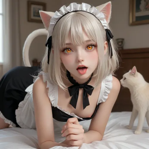 front-left view of a not tall 12-year-old young little catgirl, ass up, she stands on the bed on all fours and stretches like a cat cutely sticking out her tongue a little, small fangs like those of a cat are visible in the wide open mouth, preparing for penetration in the throat, ultra-wide open mouth, transparent lubricates gel leaking from tongue, white hair, orange eyes, luminous eyes, cross-shaped pupils, she is very hot, athletic build, slim waist, small boobs, one breast out, diaona, girl, dress, cat, ears, eyes, heart-shaped, pupils, maid, headdress, hair, bow, sexually-charged catgirl-Nya