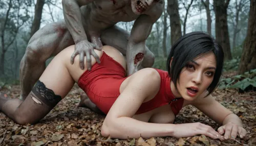 Ada wong from resident evil, Beautiful japanese woman, wearing ripped long red tight dress exposed breasts and black stockings, black short hair, perfect body, perfect silky smooth skin, gorgeous face, frightened, caught by a zombie, getting fucked by undead man with pale rotted flesh, zombie cock deep in her pussy, zombie ripping her clothes off, zombie face flesh falling off his face, his undead cock cumming in her pussy. Face down ass up, (Scary woods background)