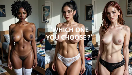 Ultra realism, 8k UHD, ultra detailed, cold natural lighting, sunlight illuminating a messy university student bedroom, perfect shadows. Picture divided in three parts. On the left side of the picture, Cute, shy, timid, goofy, wife, standing up, (nigerian, ulatra black skin woman, 25yo, makeup, spots, skin imperfections, afro brunette hair, square jaw, very clear green eyes, afro nose, natural sagging big breast, average waist, very wide hips, chubby thighs, chubby belly), she's wearing white thong, topless, white textured high socks, full body shot. On the right side of the picture, (nordic, pale white skin woman, 25yo, no makeup, freckles on her face, subtile skin imperfections, weavy redhead, high cheekbones, big clear brown eyes, long nose, natural small breast, slim waist, slim hips, slim thighs, flat belly), she's wearing a black lace panties, full body shot. On the center of the picture, (latina, dark skin skin woman, 25yo, no makeup, freckles on her face, subtile skin imperfections, long dark hair, mid long hair in a ponytail, high cheekbones, big clear blue eyes, natural big breast, slim waist, whide hips, slim thighs, flat belly), she's wearing white lace panties, full body shot . "WHICH ONE YOU CHOOSE ?" Medium text on the center of the picture.