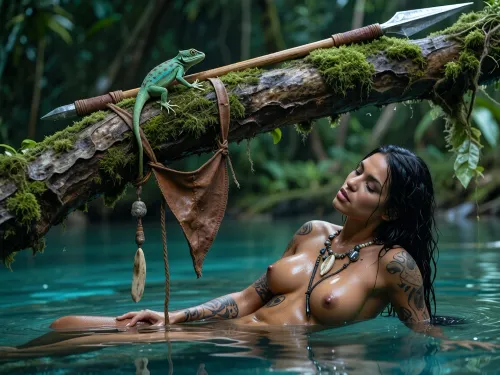 Ultra-realistic cinematic masterpiece, extreme foreground-background separation, dominant razor-sharp foreground plane, the absolute foreground is occupied by a massive moss-covered jungle branch cutting diagonally across the frame, the branch, the hanging loincloth, the resting spear and the tiny gecko are the only elements rendered in crisp focus, every moss filament, bark crack, water droplet, leather fiber and metal scratch resolved with extreme micro-detail, a clearly recognizable primitive leather loincloth hangs loosely over the branch, shaped as a small triangular front covering with long thin side ties, decorated with dangling leather cords, tiny carved bones, beads, shells and polished stones, beside it an exceptionally slender lightweight throwing spear rests diagonally against the branch, its straight hardwood shaft only about 1.2 centimeters in diameter, narrow leather wrapping around the hand grip, an extremely long, delicate needle-like polished metal spearhead, refined, lightweight and aerodynamic, a tiny emerald-green gecko sits on the moss nearby, spectacularly detailed scales, claws and luminous iris, 100 millimeter prime lens, extremely shallow depth of field, several meters behind and visually lower than the foreground branch lies a crystal-clear turquoise jungle pool, completely separated from the sharp foreground by heavy optical defocus, in the blurred background below the branch a tribal woman, 28 years old, deep dark-brown skin, slender athletic physique, long wet black hair, black pubic hair, extensive dark tattoos across her nude body, huge tits, long nipples, wearing only a primitive bone-and-stone necklace, completely nude because her loincloth is visibly hanging on the branch in the foreground, she remains deeply immersed in the water, reclining and stretching lazily during a peaceful break from hunting, eyes closed, completely relaxed, both hands free, slowly washing herself and gently running her hands over her shoulders, neck, arms and torso while enjoying the cool water, passive unhurried body language, her submerged body softly visible beneath the exceptionally clear turquoise-green surface through realistic refraction, the elevated viewpoint looking slightly downward makes her underwater silhouette perceptible without bringing her into focus, gentle ripples around her body, dense emerald mist drifting low across the pool, humid green haze between tree trunks, lush tropical vegetation dissolving into teal and moss-colored bokeh, soft cool forest light, deep shadow separation, rich tonal contrast, subtle analog film grain, physically believable optics, poetic accidental intimacy, immersive photorealistic rainforest atmosphere