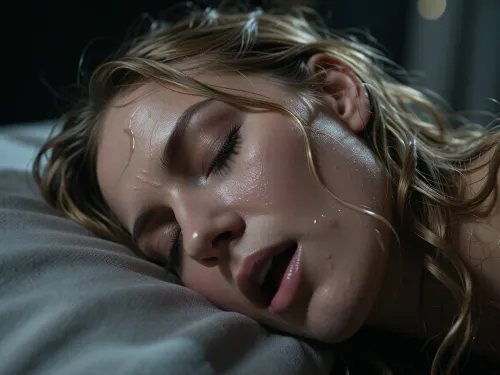 Imagine an extreme ultra close-up where the face of a stunning woman, 28 years old, almost fills the entire frame, edges of her head extending past the borders, her face presses into a soft pillow, sleeping, eyes closed, pores and lashes crisp, damp strands clinging to her temple, a light sheen of perspiration catching the faintest light, Wet and sweaty long blonde corkscrew curls messily spread around her head, strands clinging to her skin Her breathing is intense, expression charged, quiet determination and release, conveyed only through subtle facial tension and minute motion. The palette is desaturated low key, with deep blacks and high contrast. Only the faintest cool moonlight filtered through clouds and a curtain grazes one side of her face, casting deep dramatic shadows that reveal just the contours, everything beyond her face dissolves into blackness. Masterpiece, ultra photorealistic cinematic finish, subtle film grain, exceptional micro contrast, ultra shallow depth of field