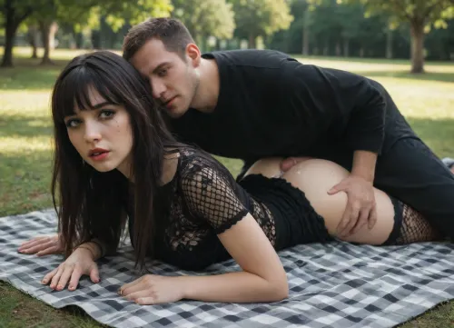 ((side front view)), gothic, darkness atmosphere, outdoor, 20yo girl with 40yo man, men fully clothed, picnic, on blanket a park, sunny day, golden light, girl have pale skin, dark black eyes, black hair, bangs hair, black eyeliner, black lipstick, prone bone, shy, ruined mascara, blushing, sweaty, drooling, huge creampie, black handcuffs, hard rapped, waist, hourglass figure, assjob, dick between her, dick on hers, buttjob, massive ejaculation, cum on ass and back, black fishnet transparent ripped top, fishnet ripped stockings, man hard grabbing her head, ohwx, woman, Dark, Fantasy, page, <lora:ortega_sdxxxl_dh128_v1:.8>, <lora:Dark Fantasy:.8>