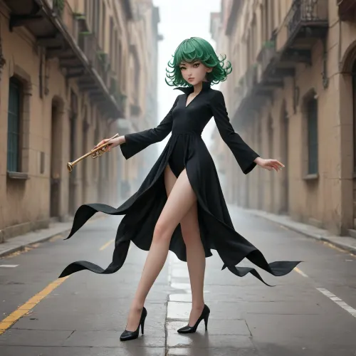 Tatsumaki from One Punch Man. She is a petite woman. She has a cute face with emerald green eyes, and matching emerald green hair that naturally curls up on the ends. She wears a form-fitting V-neck black dress with a high collar, long trumpet sleeves and four high-cut leg slits with pointed ends that show off her shapely long legs and matching black low-heeled shoes.