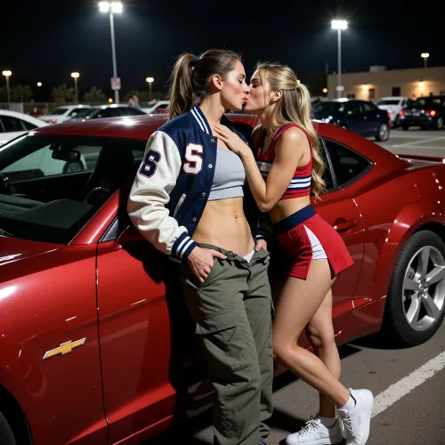 A cinematic, photorealistic nighttime scene in a stadium parking lot after an American football game, depicting two adult women sharing a passionate romantic kiss while leaning against a red Chevrolet Camaro.

The two main subjects are unmistakably BOTH WOMEN. One is a female American football quarterback in her mid-twenties, athletic and clearly feminine, with feminine facial features and a toned athletic build. She has already showered and changed clothes after leading her team to victory earlier that evening. She is now dressed casually in a fitted tank top, a letterman jacket, and loose low-rise cargo pants, giving her a relaxed but confident sporty look. She should still feel unmistakably like the star quarterback from earlier, now off the field and more personal and vulnerable.

The other main subject is also unmistakably an adult woman in her mid-twenties, the female cheerleader she has been in love with throughout the season. The cheerleader is still wearing her realistic cheerleading uniform in the team colors, with athletic shoes and game-ready hair, as if she came straight from the post-game celebrations.

They are kissing each other tenderly and passionately while leaning against the side of the red Chevrolet Camaro in the parking lot. The quarterback is close against the car, one hand resting on the cheerleader’s waist or lower back, while the cheerleader leans into her, one hand touching the quarterback’s cheek or chest. Their body language should feel intimate, affectionate, relieved, and emotionally charged, like a long-awaited moment finally happening in private after the excitement of the game.

The red Chevrolet Camaro is clearly visible and stylish, parked under stadium parking lot lights, with its glossy paint reflecting the surrounding light. The atmosphere is late at night, with the stadium visible in the distance, bright floodlights still glowing behind them. Other parked cars, a few distant people, and the faint aftermath of the game can be seen in the background, but the two women and their kiss are the clear focal point.

The mood is cinematic, romantic, and slightly dramatic, with glossy lighting, realistic skin texture, believable fabric folds, natural posing, realistic hands, realistic anatomy, and an emotionally intimate sports romance aesthetic. Focus strongly on the two adult women and their kiss, with the red Camaro as an important visual element, while keeping the parking lot and stadium background visible enough to establish the setting. Photorealistic, high detail, shallow depth of field, cinematic lighting.