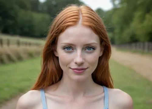21yo adult woman, (distinctive individual face:1.4), (unconventional natural beauty:1.35), (innocent rural/outdoorsy yet playful confident feminine presence:1.6), youthful adult, (never childlike:1.5), oval face, (slightly broader upper face:1.45), (tall facial proportions:1.2), (broad upper cheeks:1.4), (strong prominent wide cheekbones:1.65), soft feminine jaw, (gently narrowing lower face:1.15), (rounded chin:1.1), (subtle natural asymmetry:1.3), (high forehead:1.2), (large expressive pale blue/blue-grey eyes:1.5), (soft oval almond eyes:1.3), (avg eye spacing:1.2), clear irises, (dark limbal ring:1.25), (natural long lashes:1.2), (curious playful gaze:1.45), (natural medium-full red-brown brows:1.2), (large distinctive feminine nose:1.55), (relatively long nose:1.35), (straight-gently convex bridge:1.3), (subtle dorsal hump:1.55), (characteristic rounded tip:1.35), (natural nose width:1.15), (wide distinctive mouth:1.75), (broad mouth width:1.5), (very thin delicate upper lip:1.3), (noticeably fuller lower lip:1.55), (strong upper/lower lip contrast:1.5), (natural pink lips:1.15), (playful curious slightly mischievous expression:1.6), (bright genuine smile:1.55), (upper teeth visible:1.45), (subtle dimples:1.1), very fair skin, (soft warm rosy undertone:1.25), (healthy soft skin:1.2), (realistic pores/texture:1.3), (subtle redness:1.15), (sparse freckles only around nose:1.3), (minimal cheek freckles:1.1), (one distinctive dark beauty mark beneath one eye:1.6), (long natural ginger-red hair:1.45), (multidimensional copper/strawberry-red tones:1.3), natural volume, slightly messy, (fine strands/flyaways:1.2), (unconventional countryside femininity:1.35), (playful confident temperament:1.45), (warm mischievous energy:1.35), (curious cheeky personality:1.4), 175cm, (natural hourglass figure:1.25), defined waist, (broad hips:1.25), (long legs:1.3), (natural hip dips:1.15), (realistic anatomy:1.2), photorealistic, natural daylight, realistic skin/hair, detailed eyes, (authentic photographic texture:1.15), intimate head-and-shoulders portrait, slight side angle, face turned back toward camera, (natural lens perspective:1.25)