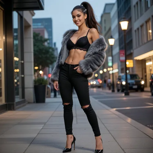 Full body shot, wide angle lens photography, dynamic urban fashion framing of a beautiful petite 20-year-old Italian-American woman from head to toe, 2014 aesthetic. An endearing sweet gentle smile showing beautiful white teeth, highly detailed extremely cute face with soft youthful heart-shaped features, radiant flawless smooth skin with a warm sun-kissed tan. Large expressive doe eyes with sharp black winged eyeliner. Very high sleek voluminous ponytail, rich chestnut brown hair, styled with elegant minimalist silver metal snap hair clips neatly clipped on the sides of her head.Wearing a stylish charcoal grey faux fur jacket draped over a sexy tight black lace bralette top, paired with edgy black skinny jeans with stylish rips at the knees, and high-end sleek black stiletto high heels. Standing confidently on a clean modern city sidewalk at dusk, soft glowing urban background lights, beautiful ambient evening lighting, professional full-length photography. Sharp focus from head to toe, highly detailed textures of the fluffy fur jacket and ripped denim, crisp clear facial features, realistic human skin texture, photorealistic, 8k resolution.