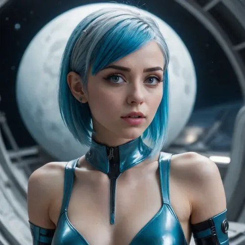masterpiece, ultrarealistic, epic details, 8k, uhd, cute, 24yo mid alien girl, sexy, blue hairs, futuristic haircut, (unseen face), see-through latex outfit, noze piercing, tall, upset face, on moon, spaceship background