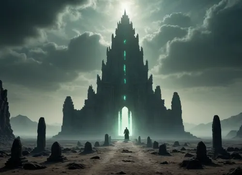An abandoned temple in the desert, shrouded in fog and darkness, with cracks on the walls and glowing runes. In the center of the temple, a magical ritual is performed involving a black-robed figure holding a crystal with pulsing energy. The temple is surrounded by a dead desert of ancient machinery and half-buried statues. In the background, you can see the silhouettes of huge ruined towers, and the sky is covered with ominous greenish clouds. Ghostly dragons or spirits hover in the air, lighting up the scene with a cold glow. Cinematic lighting, high detail, dark fantasy aesthetics, symbolism of destruction and magic.