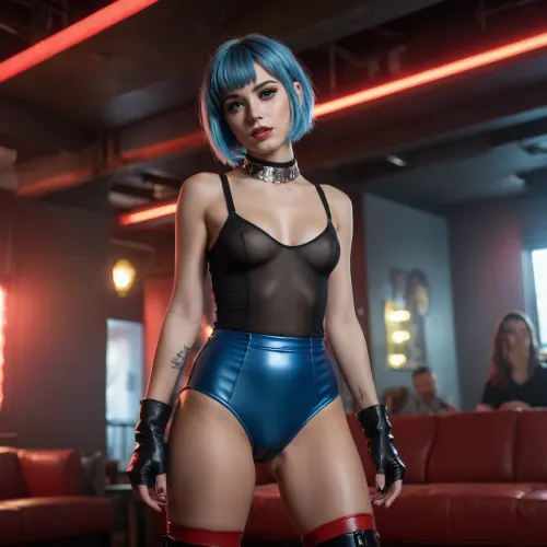 masterpiece, 35mm shoot, ultrarealistic, epic details, 8k, uhd, cute, 24yo, sexy, blue hairs, modern haircut, (unseen face), realistic body, black eyes, red and black undies, long black boots, silver collar, tall, upset face, nightclub