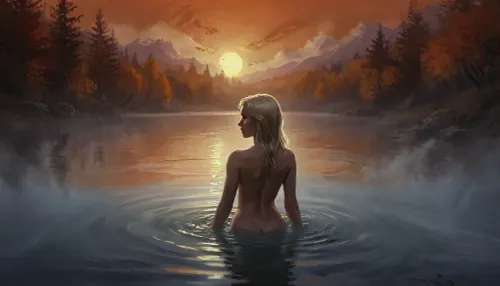 (Vex from Skyrim, naked, mature 30 year old, scandinavian, long blonde hair, very small breasts, skinny body), (bathing pose in a big lake, hands behind head, watery body, breasts not visible, autumn, orange sunset), (close back view above waist, looking away face not visible), (artwork, digital painting, fantasy art, loading screen art style), <lora:SumTim:.1>, <lora:J_cartoon:.1>, <lora:Sinister_Style_SDXL:.1>, <lora:EnvyAnimeDigitalPaintingXL01:.1>