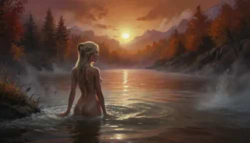(Vex from Skyrim, naked, mature 30 year old, scandinavian, long blonde hair, very small breasts, skinny body), (bathing pose in a big lake, hands behind head, watery body, breasts not visible, autumn, orange sunset), (close back view above waist, looking away face not visible), (artwork, digital painting, fantasy art, loading screen art style), <lora:SumTim:.1>, <lora:J_cartoon:.1>, <lora:Sinister_Style_SDXL:.1>, <lora:EnvyAnimeDigitalPaintingXL01:.1>