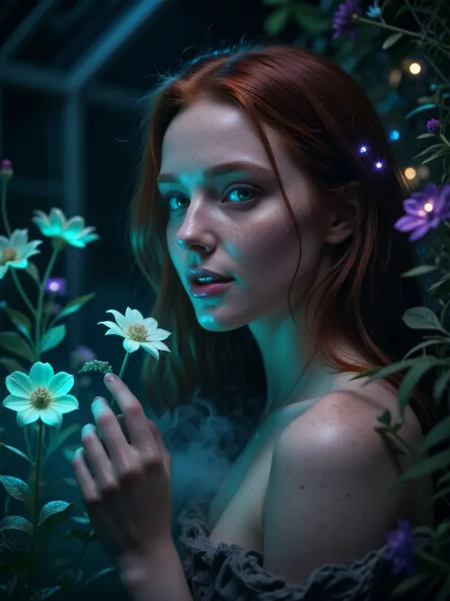 Ultra detailed depiction, extreme close-up composition, sharp focus on her face. A professional cinematic still of a beautiful fantasy redhead woman with pale skin, standing inside a dimly lit greenhouse filled with bioluminescent flowers. Her skin is smooth and cool-toned, with a faint natural sheen. Her eyes are a striking deep green, reflecting the soft glow of the plants around her. Her expression is calm and curious, a gentle smile on her lips as she looks toward one of the glowing flowers near her hand. Her dark hair falls loosely around her shoulders, catching small points of glowing light. Around her, the greenhouse is filled with fantastical flora, glowing flowers in shades of teal, violet, and soft green, casting gentle ambient light through the dim space. Wisps of soft mist drift low along the ground. The overall lighting is dark and moody, lit primarily by the glowing plants themselves, creating dramatic contrast between deep shadow and vivid glowing color. The color palette is dominated by deep blues, teals, and glowing violet accents. Shallow depth of field, soft bokeh background, over-detailed cinematic photography, masterpiece, epic detail, sharp facial details, photorealistic render.