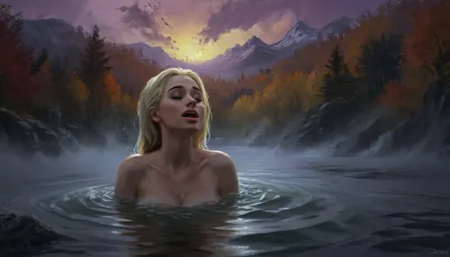 (Vex from Skyrim, naked, 350 year old, scandinavian, pale skin, long wet blonde hair, eyes closed, very small breasts), (bathing pose in a big lake, autumn, sunset), (hands on head, washing hair), (closeup portrait view, breasts under water, nipples not visible), (artwork, digital painting, fantasy art, loading screen art style), <lora:SumTim:.1>, <lora:J_cartoon:.1>, <lora:Sinister_Style_SDXL:.1>, <lora:EnvyAnimeDigitalPaintingXL01:.1>