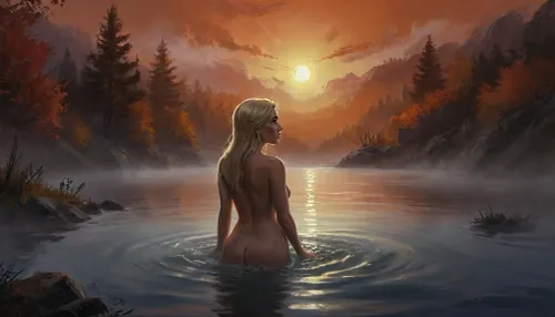 (Vex from Skyrim, naked, mature 30 year old, scandinavian, long blonde hair, very small breasts, skinny body), (bathing pose in a big lake, hands behind head, watery body, breasts not visible, autumn, orange sunset), (close rear view, back view above waist, view from behind, looking away face not visible), (artwork, digital painting, fantasy art, loading screen art style), <lora:SumTim:.1>, <lora:J_cartoon:.1>, <lora:Sinister_Style_SDXL:.1>, <lora:EnvyAnimeDigitalPaintingXL01:.1>