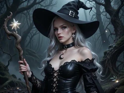 A highly realistic and detailed digital painting of a beautiful witch in a black leather dress with intricate lace-up details. She wears a large, bent witch's hat with a silver buckle. Her piercing eyes and long, wavy silver hair give her an enchanting look. She holds a mystical staff with a twisted wooden design and a glowing star-shaped ornament at the top. Her accessories include a black choker with a crescent moon pendant and matching star-shaped earrings. The background is a dark, foggy forest with eerie, twisted tree branches, creating a magical and mysterious atmosphere. Ultra-detailed, cinematic lighting, dark fantasy style