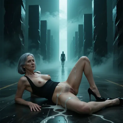 (((a full body view))), With 4 m of setback, looking at the viewer, realistic amateur, realistic detailed amateur nude woman, (an aged woman, 70 years old:1.8), . Her skin is that of a 70-year-old woman. The old lady has grey hair, (Small, long, and very saggy breasts:1.8), ((very detailed skin)), . hair cut in a bob, small saggy tits, saggy skin, black bob cut hair, lying on the floor, black heeled shoes, (mature, used:1.5), (worn:1.4), (shaved pussy:1.2), after sex, pussy, pussy visible, topless, realistic detailed pussy touch, slender, teacher, black low cut top, standing on floor, a lot of excessive sperm on vagina. surreal digital art, a lone small silhouetted figure standing in a vast, dark, infinite corridor, symmetrical arrangement of floating massive dark rectangular monoliths, atmospheric deep teal and misty green monochromatic color palette, intense glowing bright light source in the far vanishing point, volumetric lighting, heavy fog, mysterious and melancholic atmosphere, cinematic composition, high contrast, sharp edges on monoliths, dreamlike, digital painting, 8k resolution, trending on ArtStation, ethereal, conceptual sci-fi.
